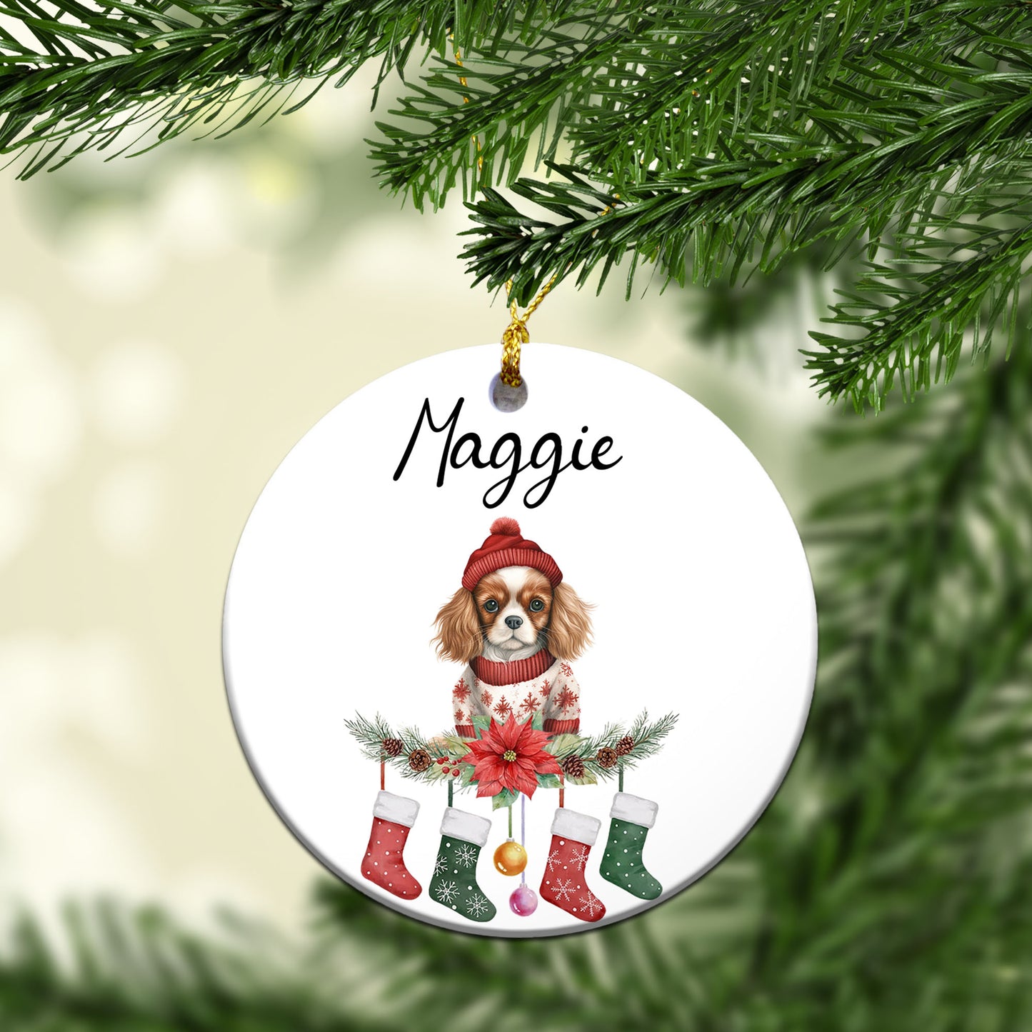 Personalized Pup In Ugly Sweater With Christmas Stockings Custom Ceramic Ornament