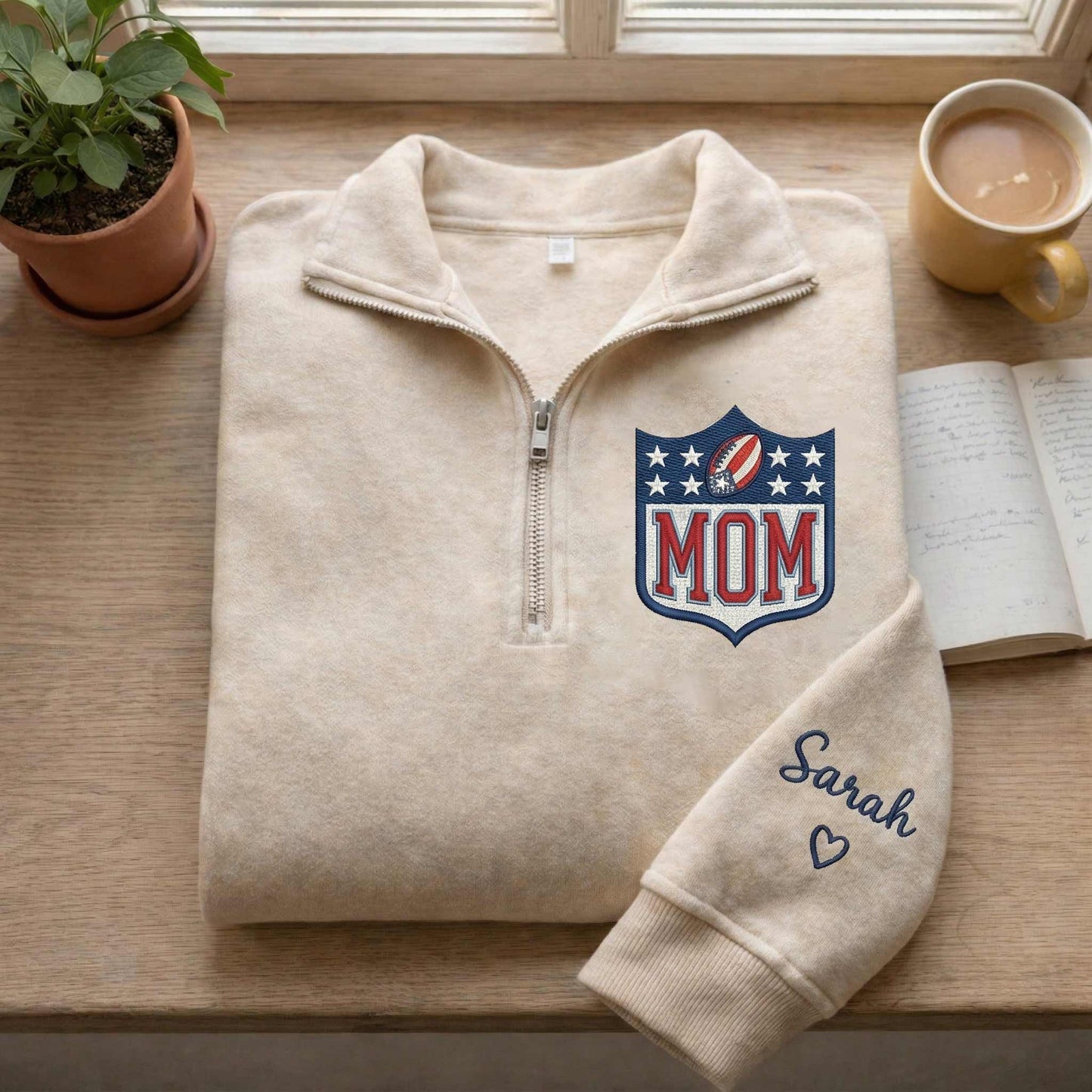 Embroidered Mother's Day Father's Day With Name On Sleeve Quarter-Zip Sweatshirt, Hoodie Sweatshirt T-Shirt