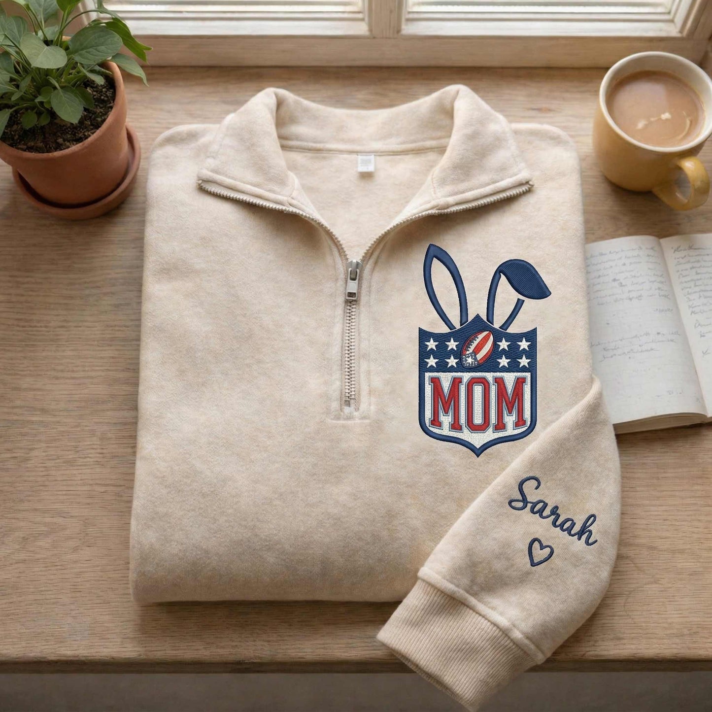 Embroidered Mother's Day Father's Day With Name On Sleeve Quarter-Zip Sweatshirt, Hoodie Sweatshirt T-Shirt