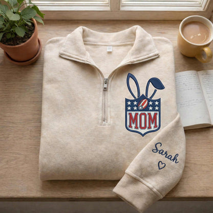 Embroidered Mother's Day Father's Day With Name On Sleeve Quarter-Zip Sweatshirt, Hoodie Sweatshirt T-Shirt