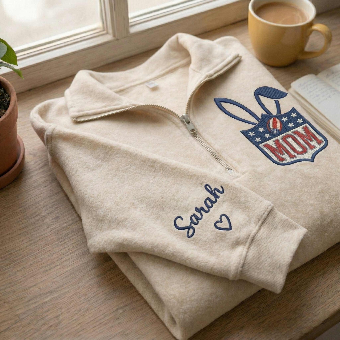 Embroidered Mother's Day Father's Day With Name On Sleeve Quarter-Zip Sweatshirt, Hoodie Sweatshirt T-Shirt