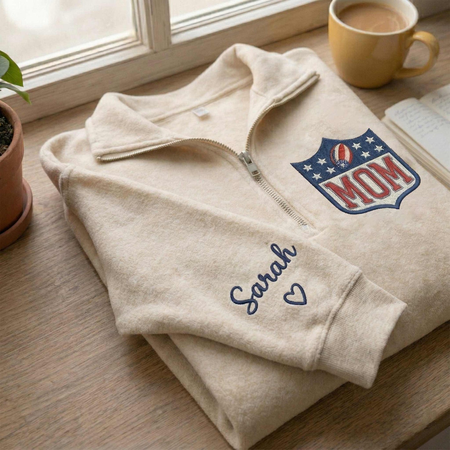 Embroidered Mother's Day Father's Day With Name On Sleeve Quarter-Zip Sweatshirt, Hoodie Sweatshirt T-Shirt