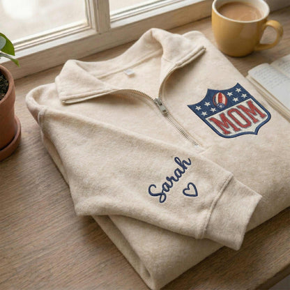 Embroidered Mother's Day Father's Day With Name On Sleeve Quarter-Zip Sweatshirt, Hoodie Sweatshirt T-Shirt
