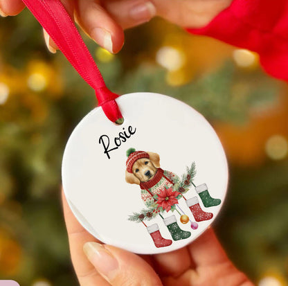 Personalized Pup In Ugly Sweater With Christmas Stockings Custom Ceramic Ornament