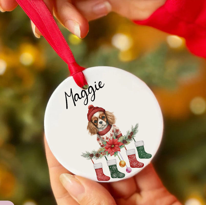 Personalized Pup In Ugly Sweater With Christmas Stockings Custom Ceramic Ornament