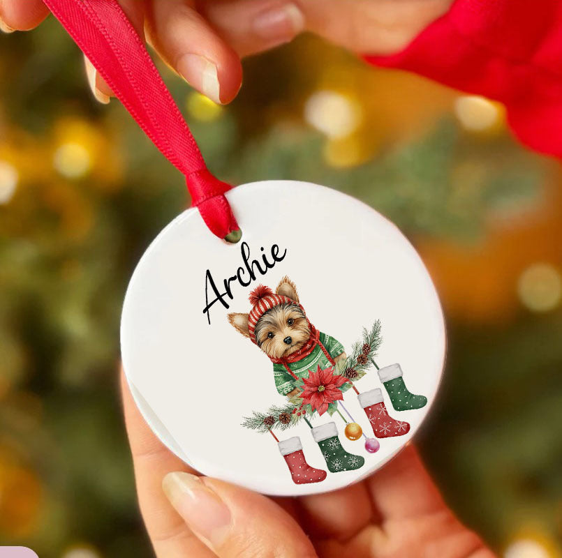 Personalized Pup In Ugly Sweater With Christmas Stockings Custom Ceramic Ornament