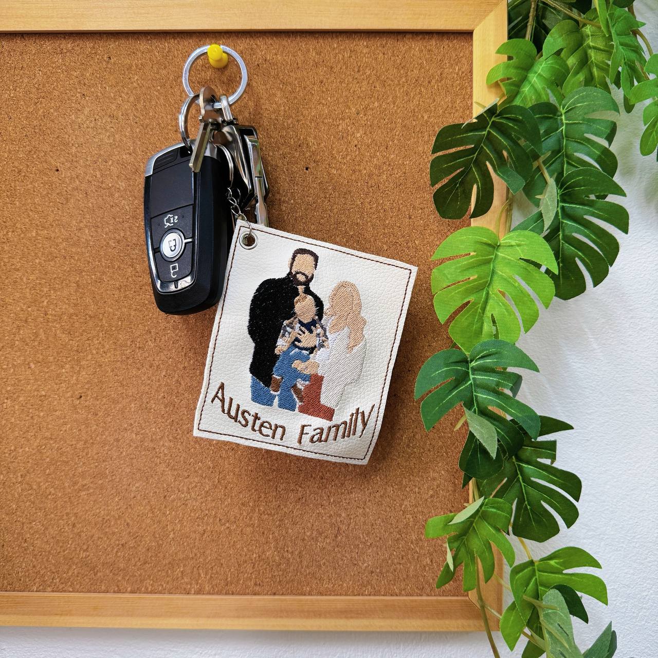 Personalized Embroidered Leather Family Photo Keychain