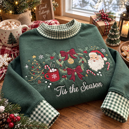 Embroidered Christmas Sweatshirt, Tis the Season Santa and Wreath Design, Green Gingham Collar Holiday Pullover - DL03041026