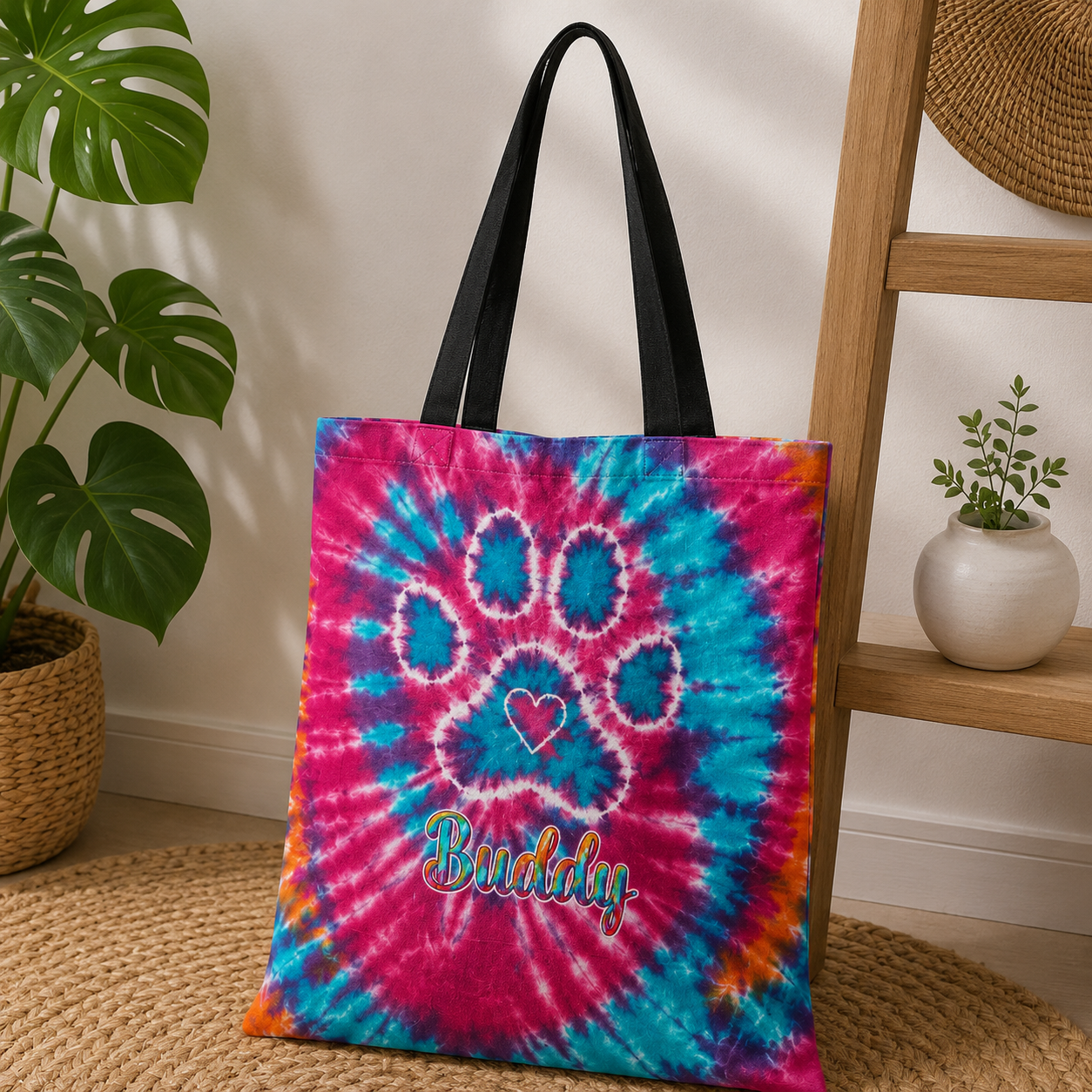 Paw Print Colorful Tie Dye Swirl Cat Tote Bag