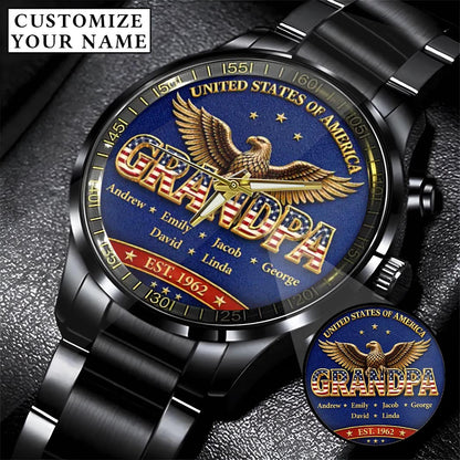 Personalized EST & Names for Independence Day Grandpa Watch