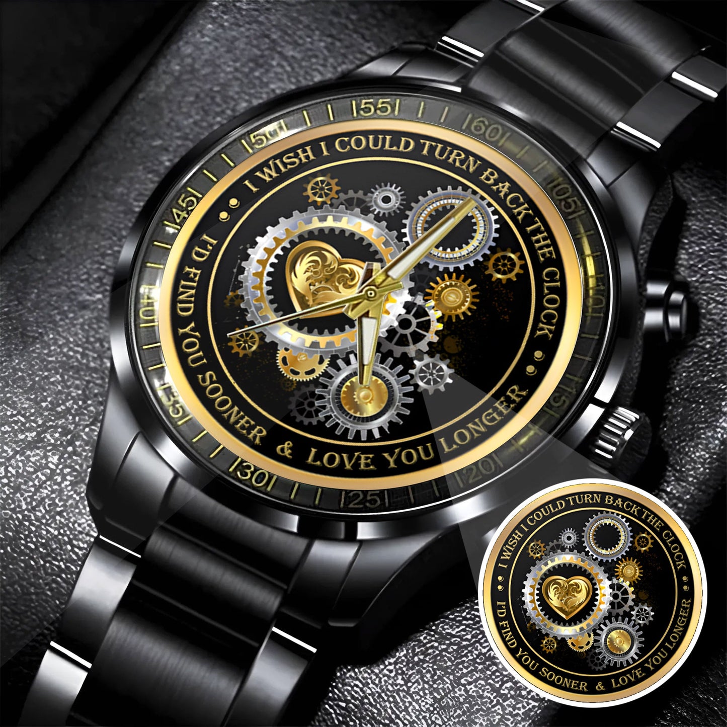 Personalized Gold Gear Heart Watch – Romantic Custom Quote Watch for Husband, Boyfriend, Anniversary & Valentine’s Day
