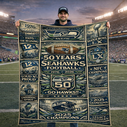 Seattle Seahawks 50 Years Anniversary Go Hawks Vintage Art Blanket