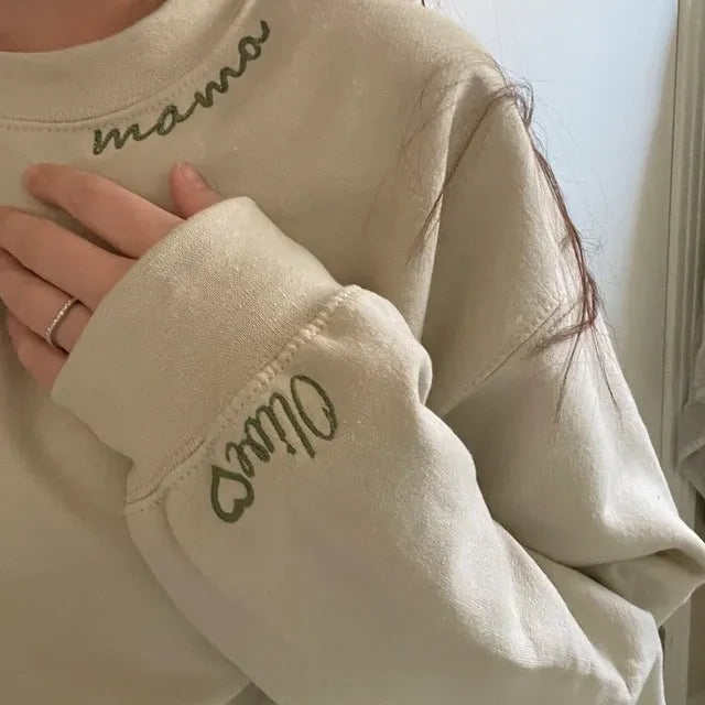 Custom Embroidered Mama Hoodie Sweatshirt T-Shirt with Name On Sleeve