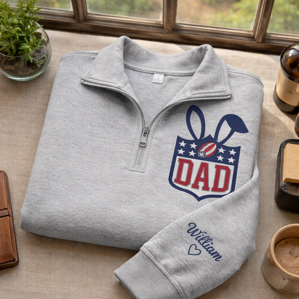 Embroidered Mother's Day Father's Day With Name On Sleeve Quarter-Zip Sweatshirt, Hoodie Sweatshirt T-Shirt