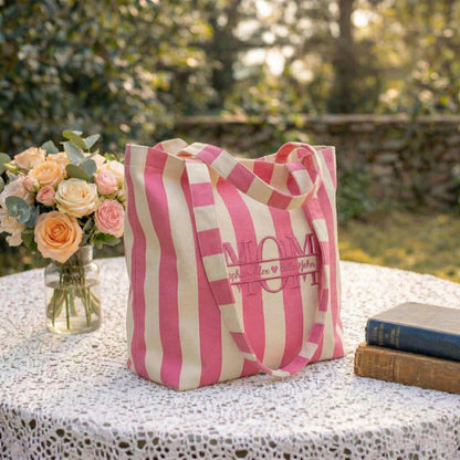 Personalized Mom & Kids Name Mother's Day Embroidered Tote Bag - Vintage Striped Beach Tote