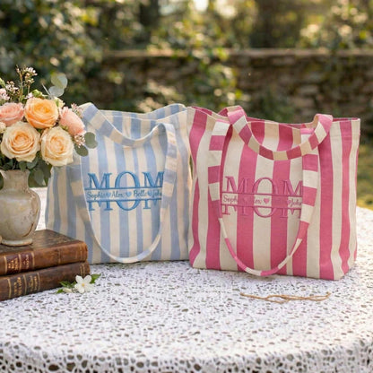 Personalized Mom & Kids Name Mother's Day Embroidered Tote Bag - Vintage Striped Beach Tote