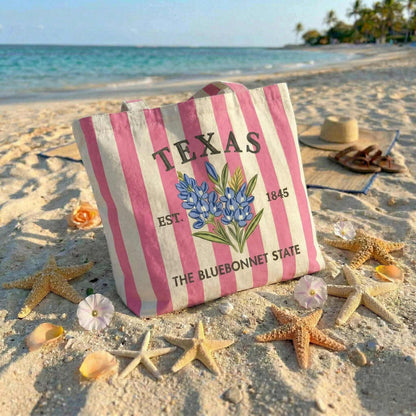 Custom State Embroidered Tote Bag – Personalized State Flower Canvas Bag, Vintage Striped Beach Tote