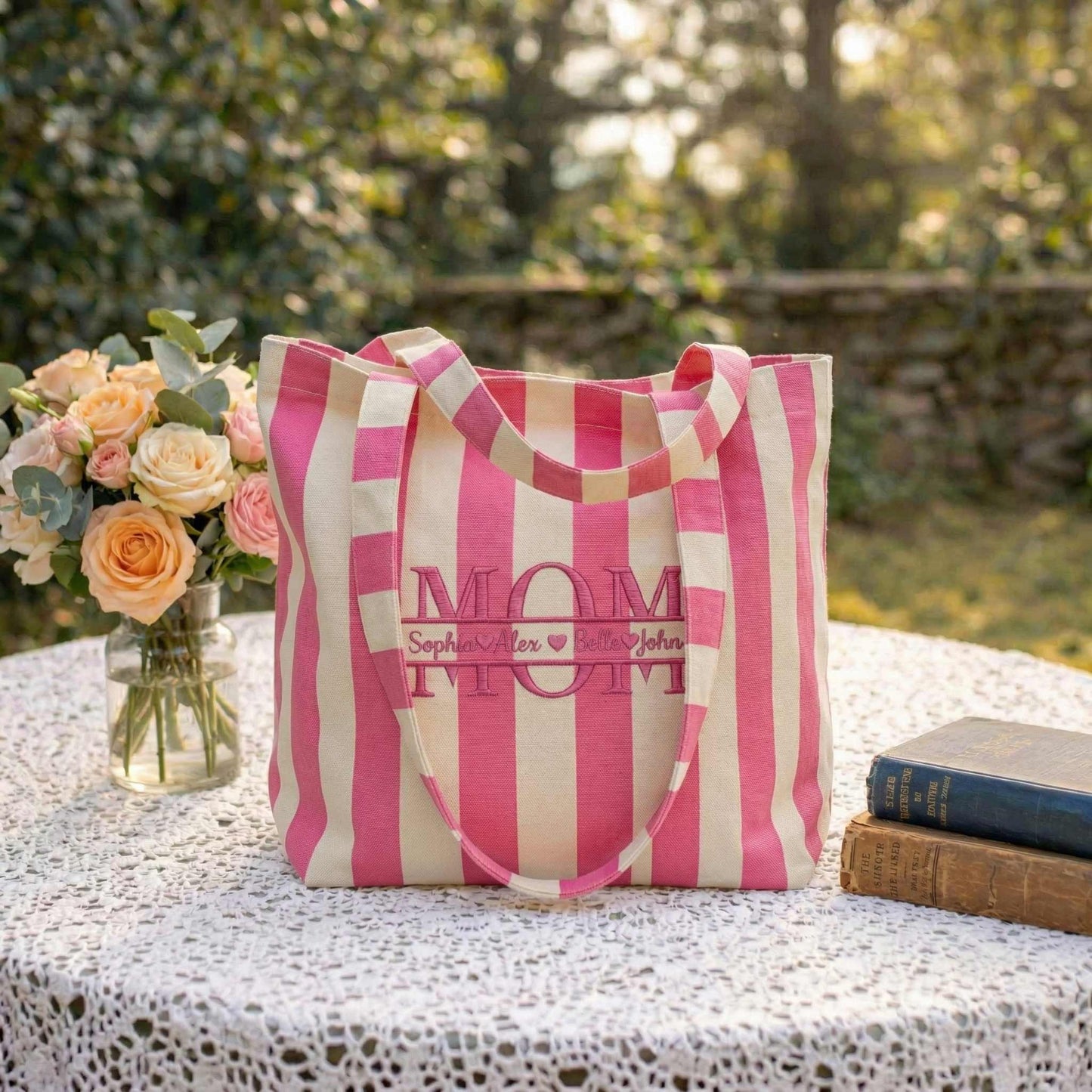Personalized Mom & Kids Name Mother's Day Embroidered Tote Bag - Vintage Striped Beach Tote