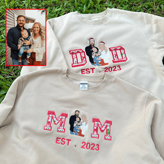 Christmas Embroidered Family Photo Custom Text Hoodie Sweatshirt T-Shirt