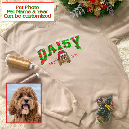 Personalized Embroidered Pet Dog Cat Christmas Photo Name Year Hoodie Sweatshirt T-Shirt