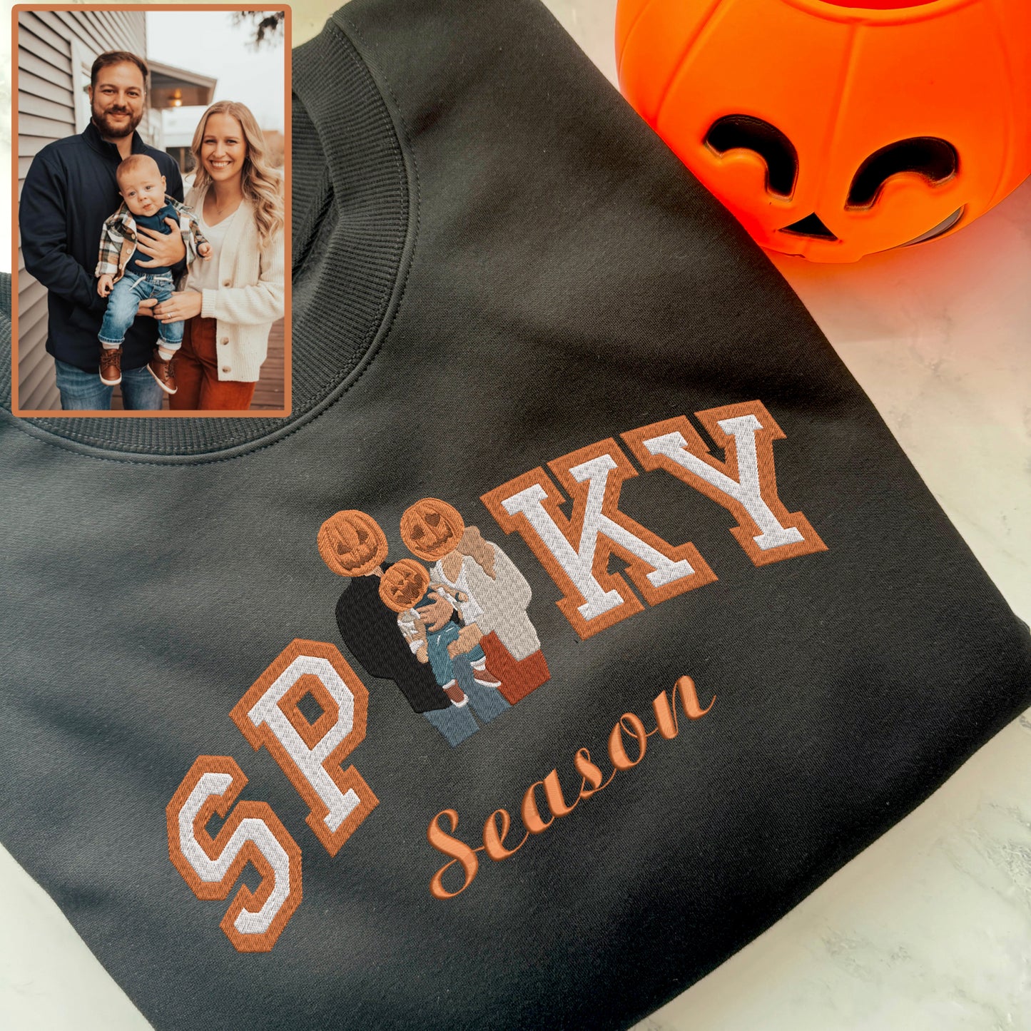 Halloween Spooky Season Personalized Embroidered Family Photo Hoodie Sweatshirt T-Shirt