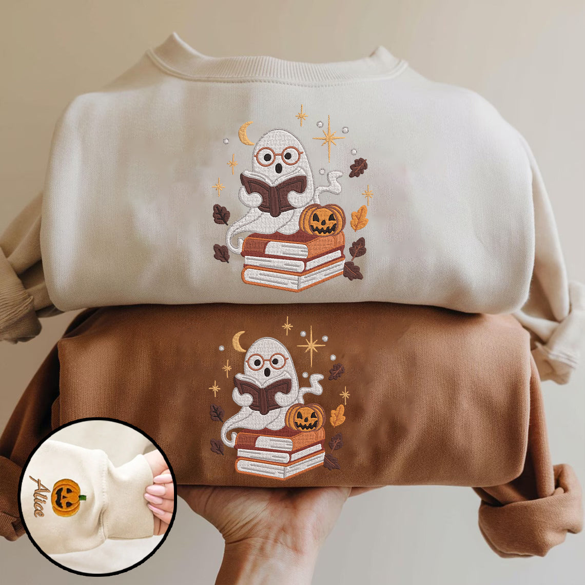 Halloween Personalized Embroidered Ghost Reading Books Hoodie Sweatshirt T-Shirt