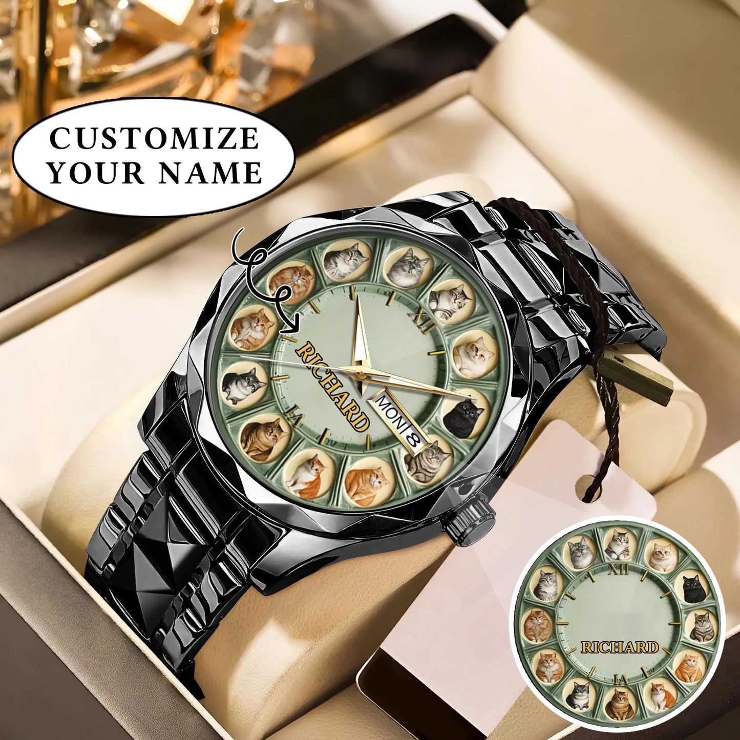 Personalized Pet Dog Cat Lover Watch – Custom Name Quartz Timepiece with 12 Cute Dog & Cat Faces | Gift for Dog & Cat Moms