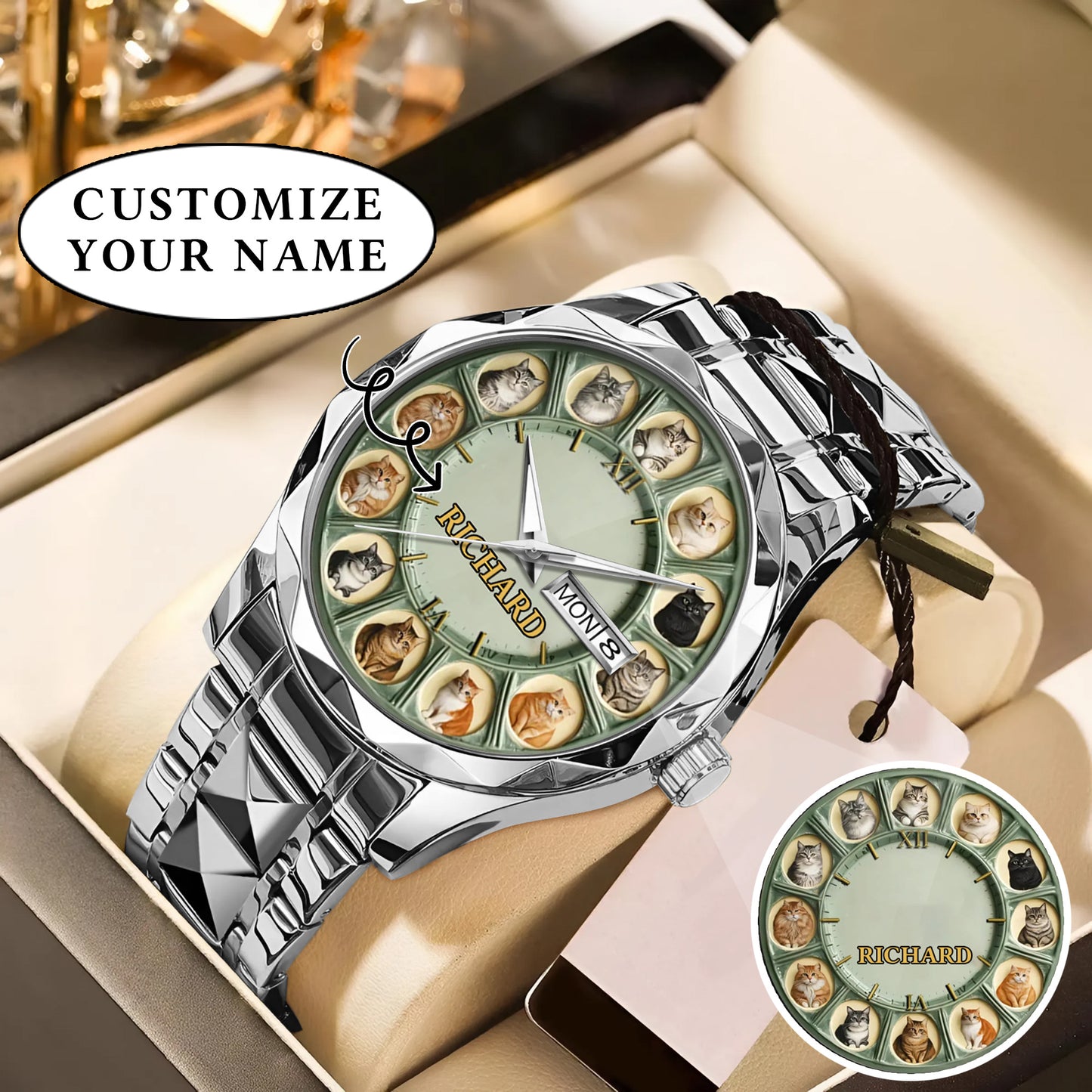 Personalized Pet Dog Cat Lover Watch – Custom Name Quartz Timepiece with 12 Cute Dog & Cat Faces | Gift for Dog & Cat Moms