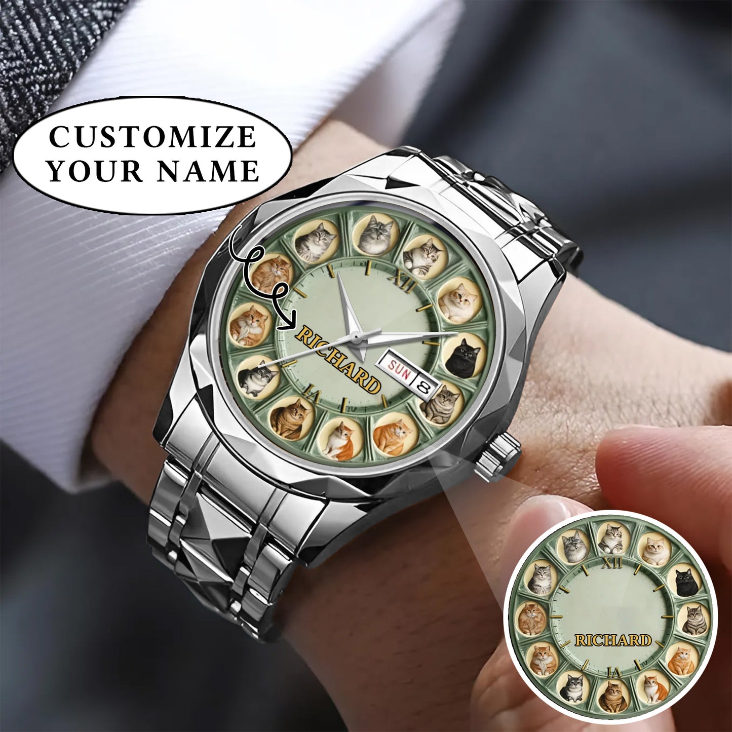 Personalized Pet Dog Cat Lover Watch – Custom Name Quartz Timepiece with 12 Cute Dog & Cat Faces | Gift for Dog & Cat Moms