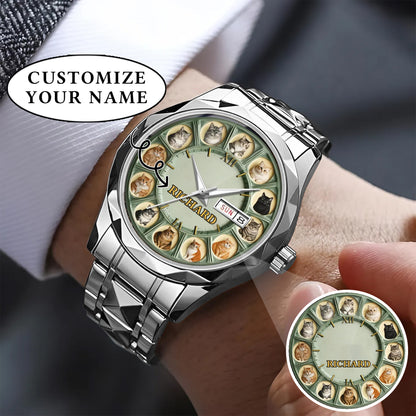 Personalized Pet Dog Cat Lover Watch – Custom Name Quartz Timepiece with 12 Cute Dog & Cat Faces | Gift for Dog & Cat Moms