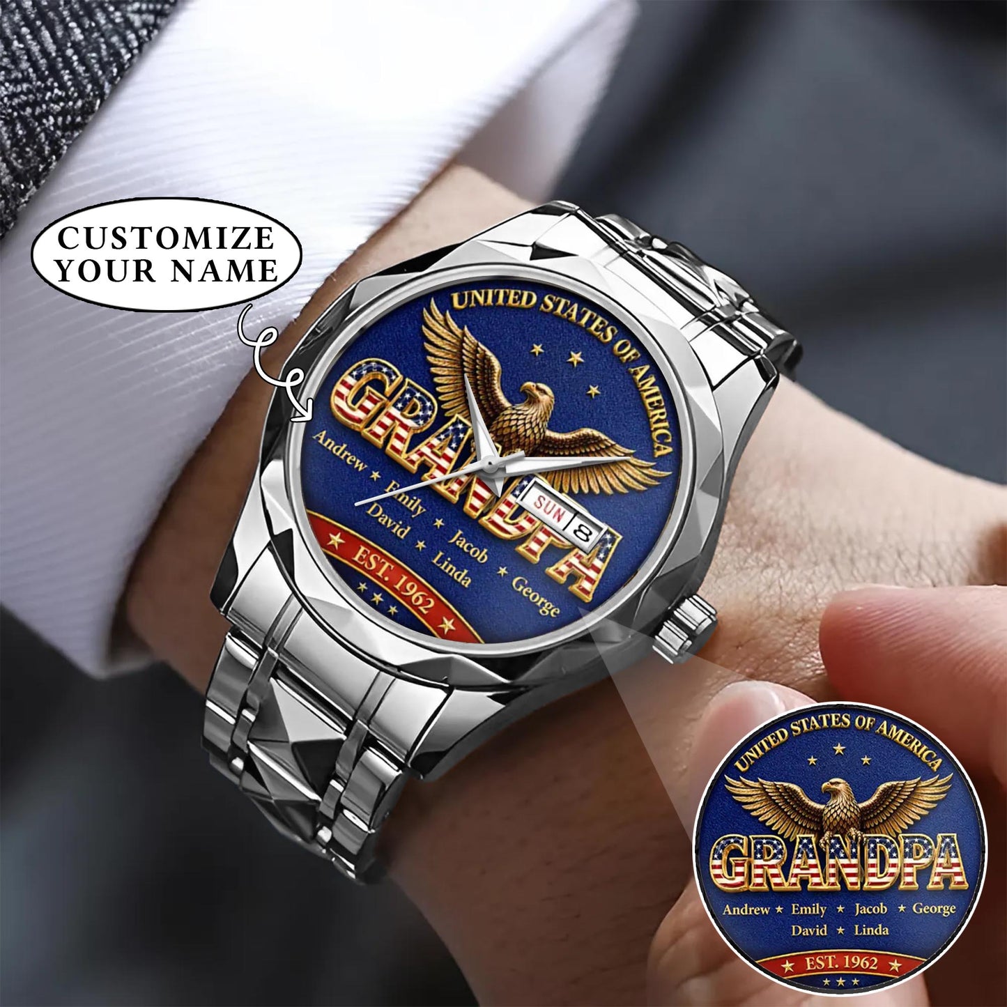 Personalized EST & Names for Independence Day Grandpa Watch