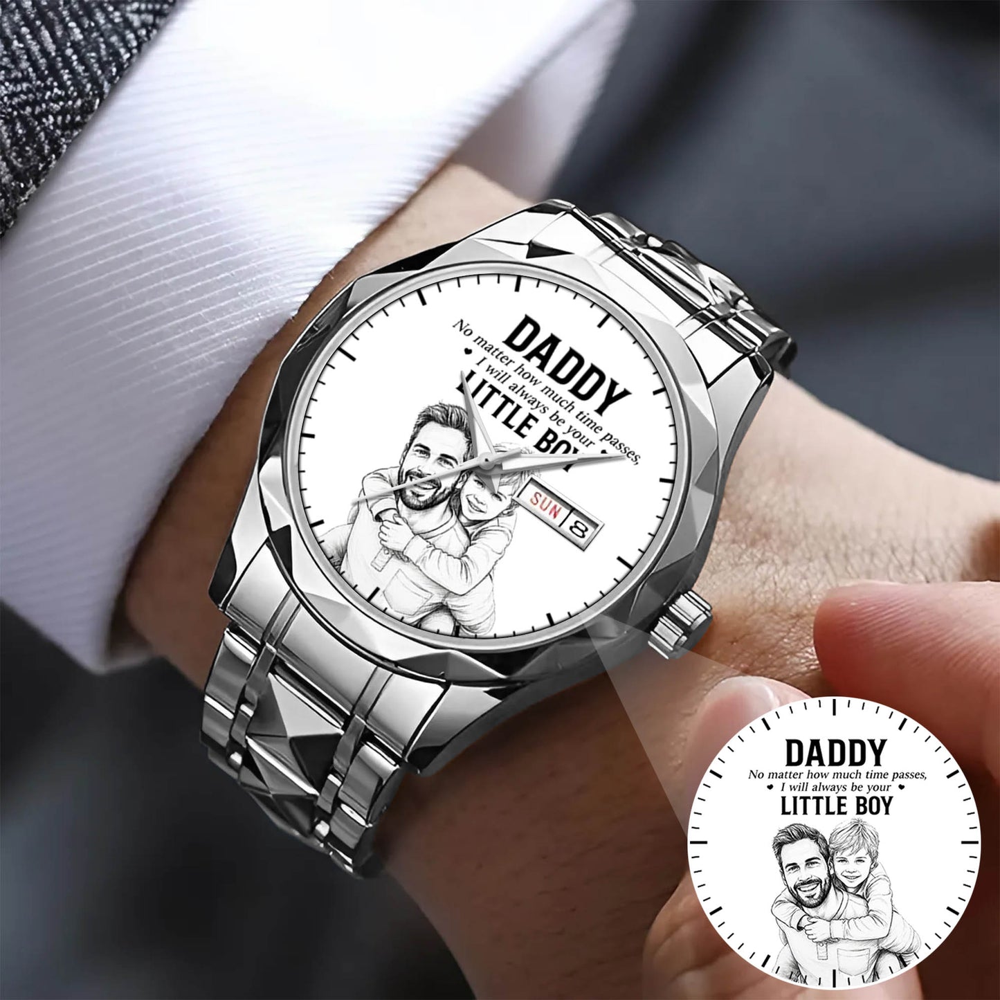 Personalized Photo Pencil Drawing Daddy Father Little Boy Watch