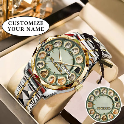 Personalized Pet Dog Cat Lover Watch – Custom Name Quartz Timepiece with 12 Cute Dog & Cat Faces | Gift for Dog & Cat Moms