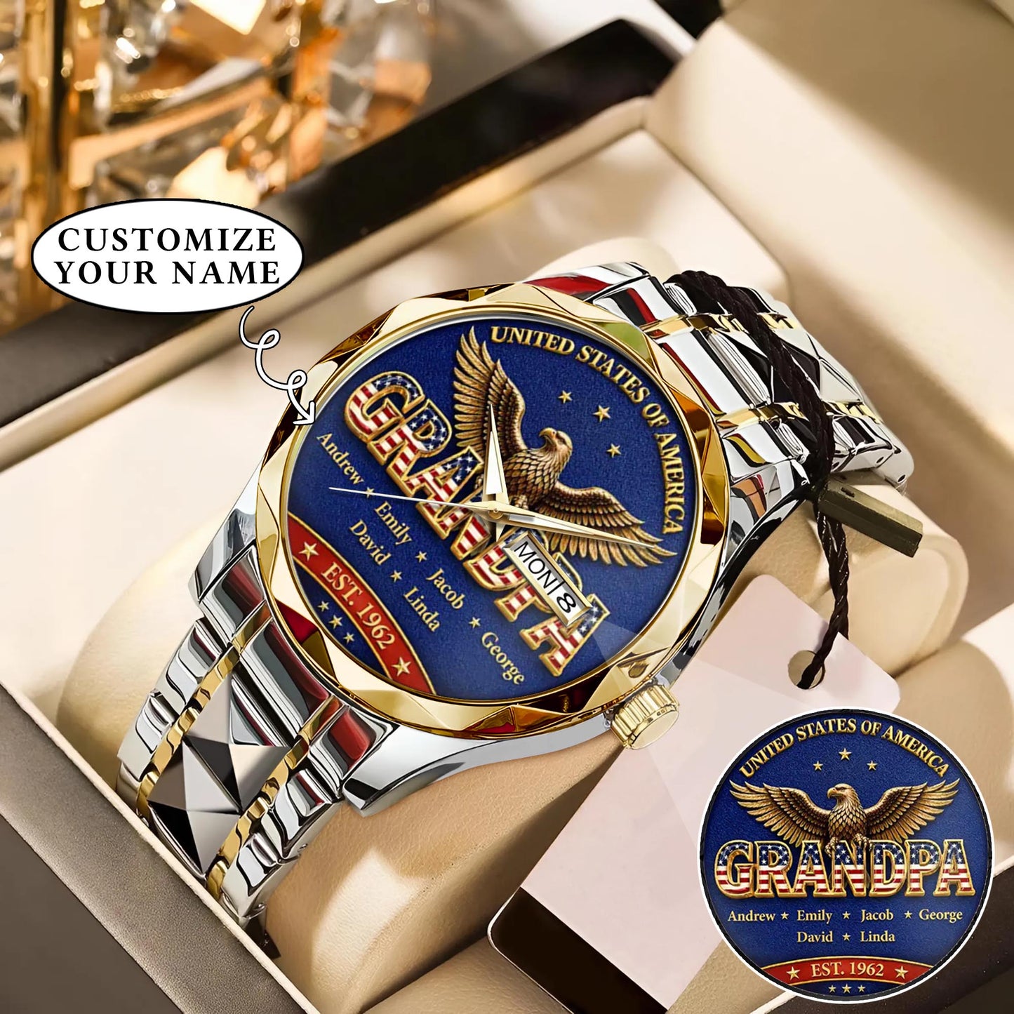 Personalized EST & Names for Independence Day Grandpa Watch