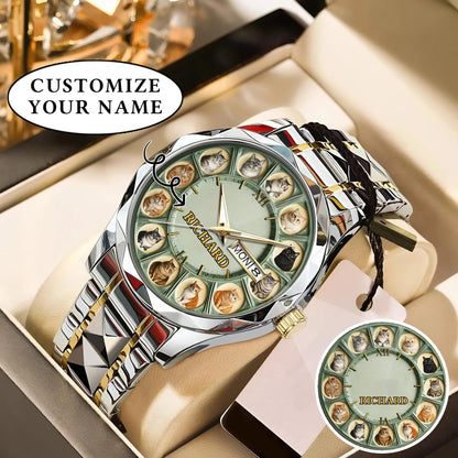 Personalized Pet Dog Cat Lover Watch – Custom Name Quartz Timepiece with 12 Cute Dog & Cat Faces | Gift for Dog & Cat Moms