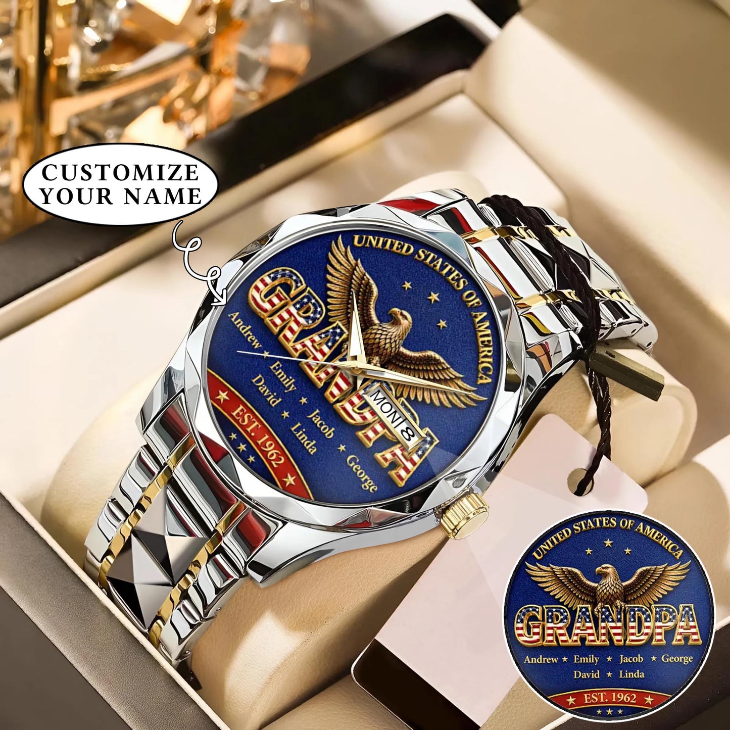Personalized EST & Names for Independence Day Grandpa Watch