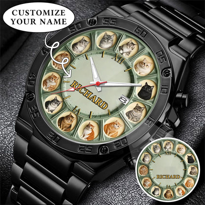 Personalized Pet Dog Cat Lover Watch – Custom Name Quartz Timepiece with 12 Cute Dog & Cat Faces | Gift for Dog & Cat Moms