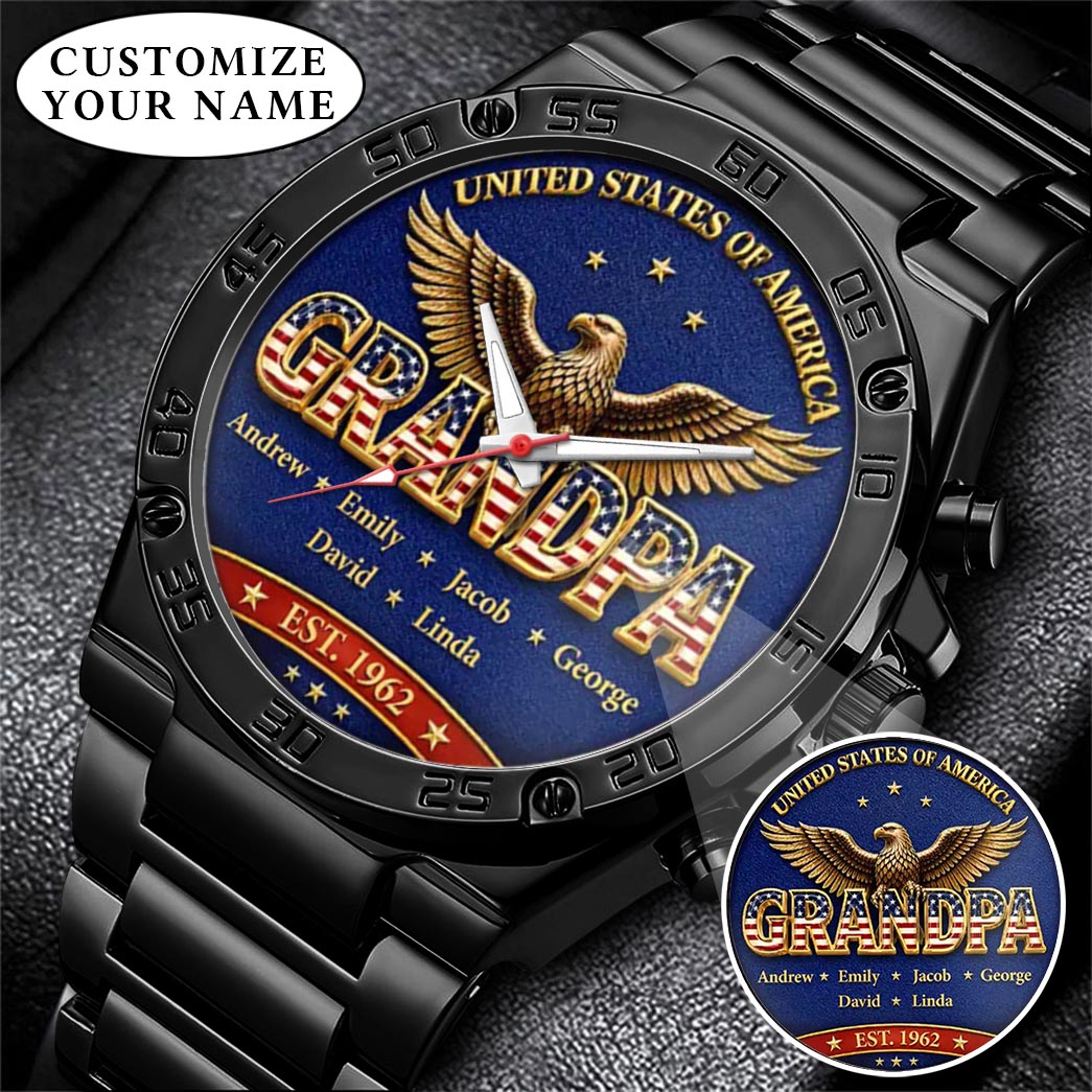 Personalized EST & Names for Independence Day Grandpa Watch