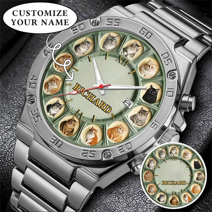 Personalized Pet Dog Cat Lover Watch – Custom Name Quartz Timepiece with 12 Cute Dog & Cat Faces | Gift for Dog & Cat Moms
