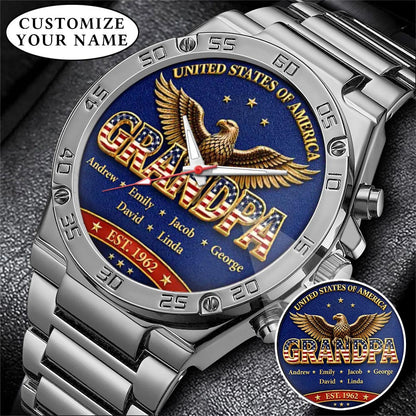 Personalized EST & Names for Independence Day Grandpa Watch