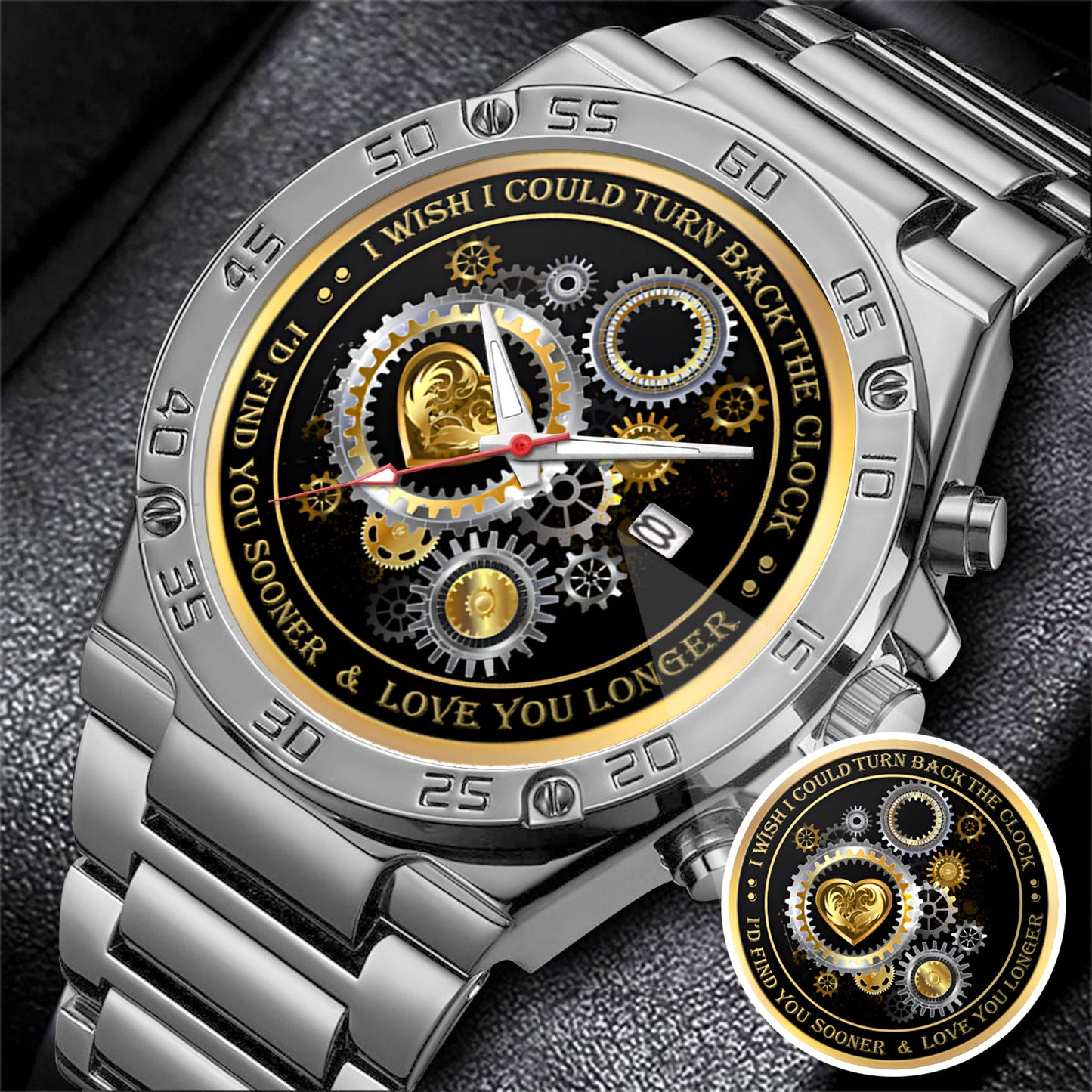 Personalized Gold Gear Heart Watch – Romantic Custom Quote Watch for Husband, Boyfriend, Anniversary & Valentine’s Day