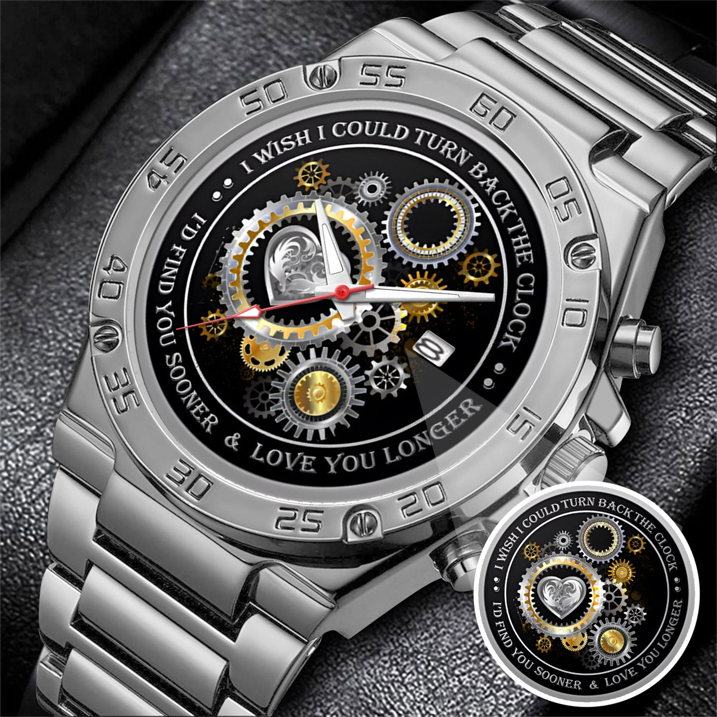 Personalized Silver Gear Heart Watch – Romantic Custom Quote Watch for Husband, Boyfriend, Anniversary & Valentine’s Day