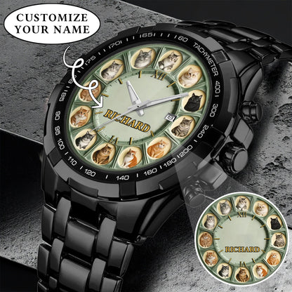 Personalized Pet Dog Cat Lover Watch – Custom Name Quartz Timepiece with 12 Cute Dog & Cat Faces | Gift for Dog & Cat Moms