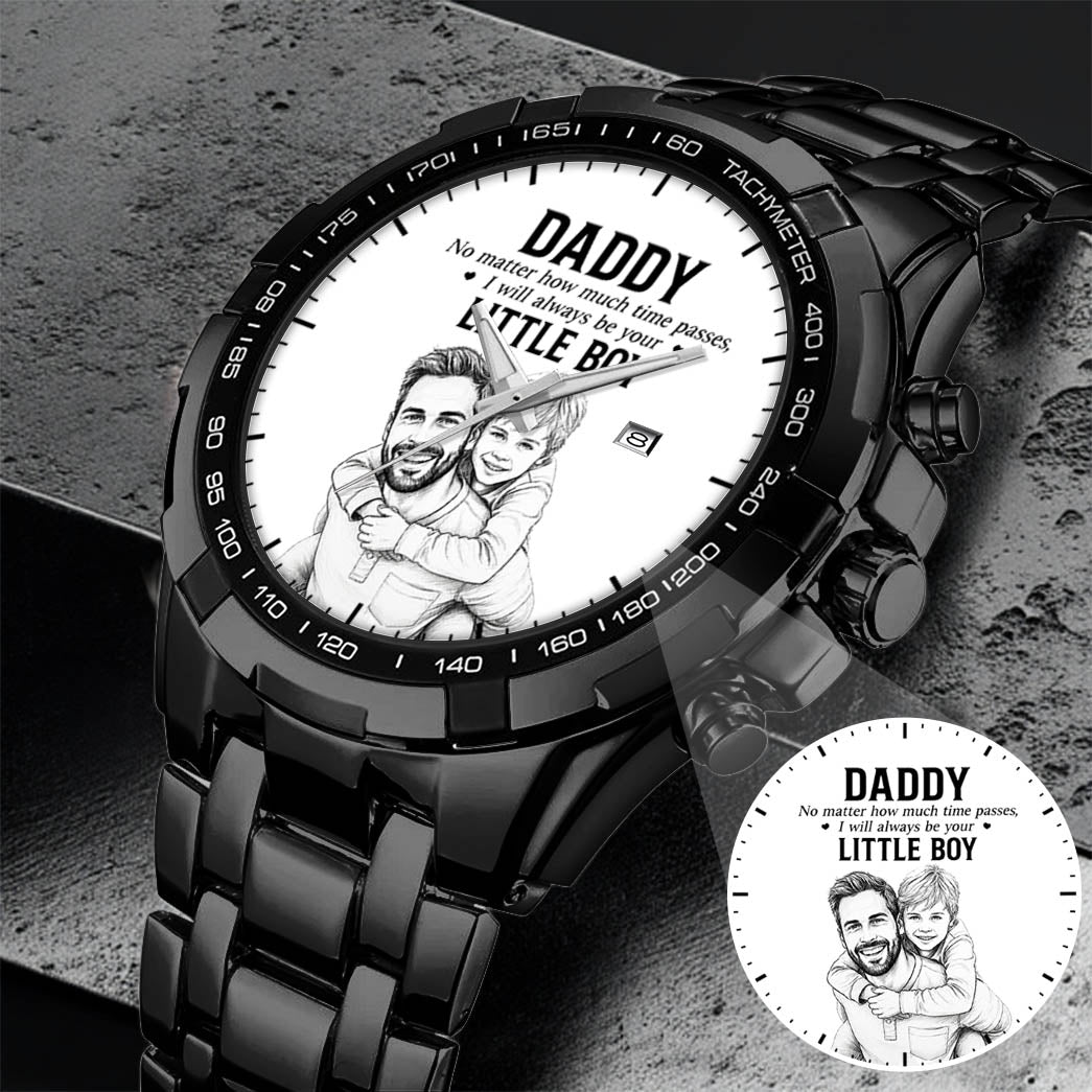 Personalized Photo Pencil Drawing Daddy Father Little Boy Watch