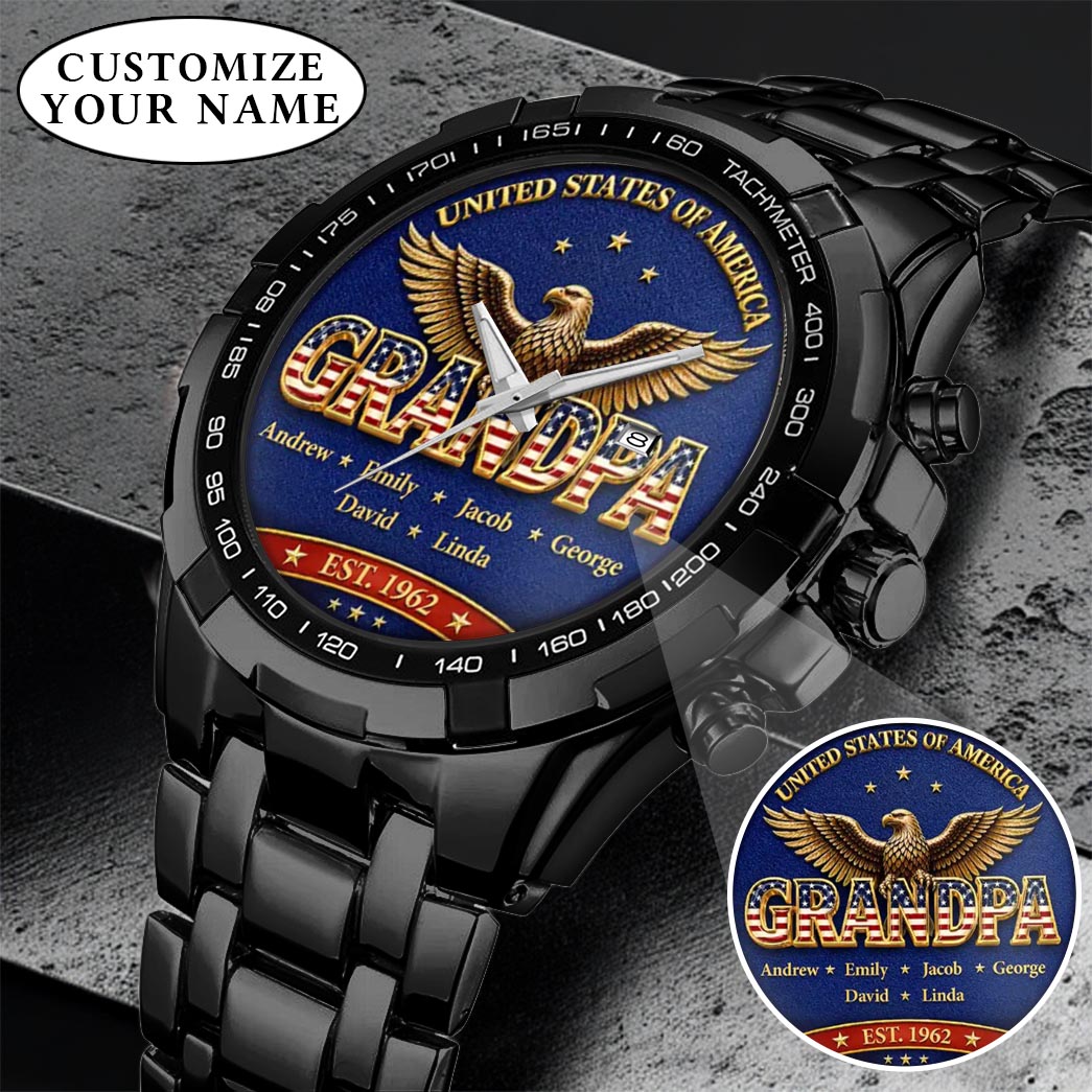 Personalized EST & Names for Independence Day Grandpa Watch