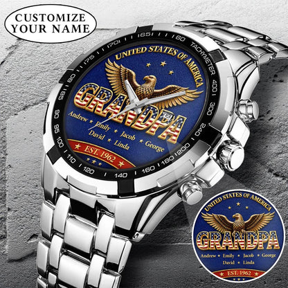 Personalized EST & Names for Independence Day Grandpa Watch