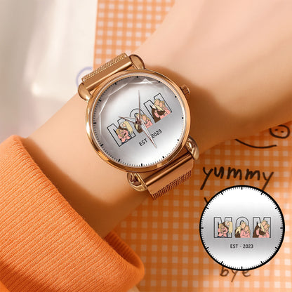 Personalized Family 3 Photos Mesh Quartz Watch for Mom