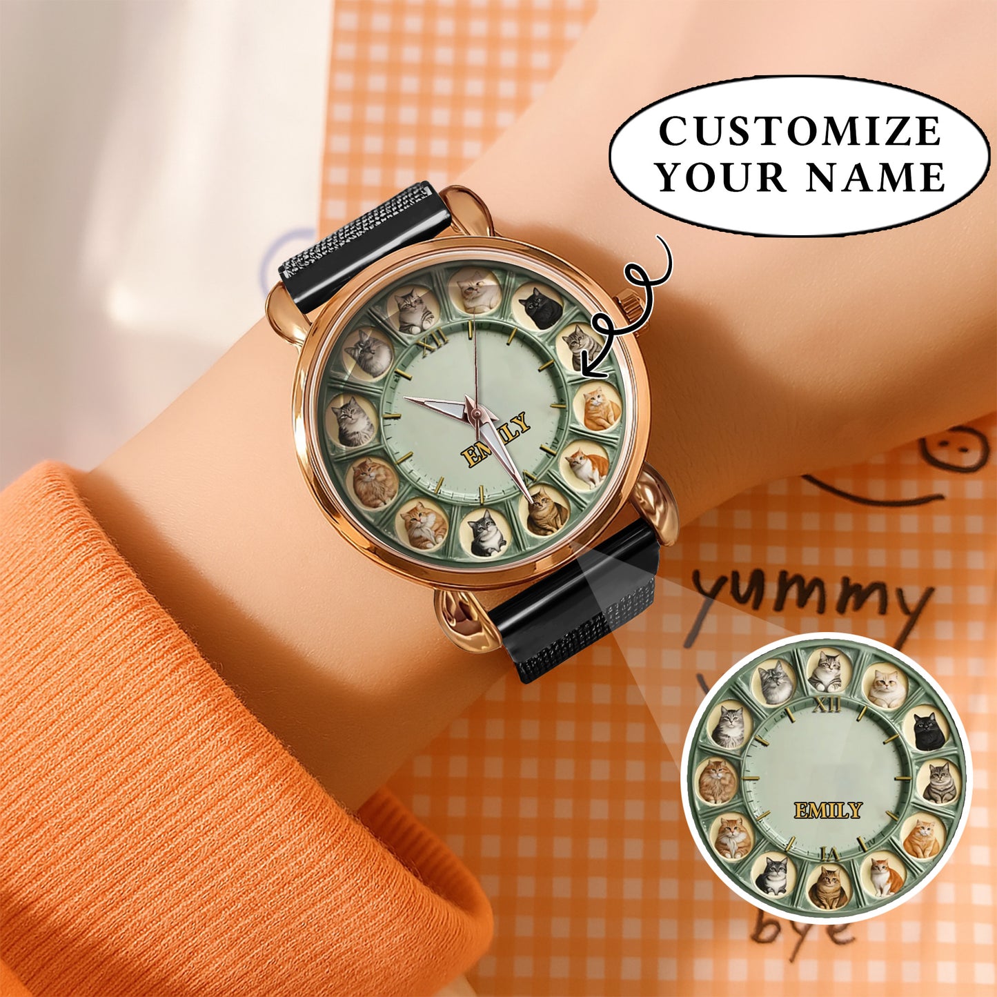 Personalized Pet Dog Cat Lover Watch – Custom Name Quartz Timepiece with 12 Cute Dog & Cat Faces | Gift for Dog & Cat Moms