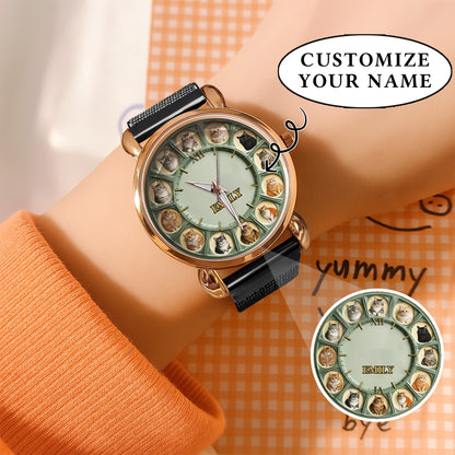 Personalized Pet Dog Cat Lover Watch – Custom Name Quartz Timepiece with 12 Cute Dog & Cat Faces | Gift for Dog & Cat Moms