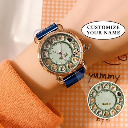 Personalized Pet Dog Cat Lover Watch – Custom Name Quartz Timepiece with 12 Cute Dog & Cat Faces | Gift for Dog & Cat Moms